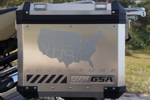 BMW GSA Adventure Motorcycle Reflective Decal Kit USA Adventure in Silver for Touratech Panniers