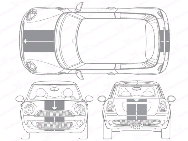 Mini Cooper Center Line Hood and Hatch Racing Stripe Kit - Twin Stripe - Single Color