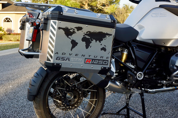BMW R1250 GS Adventure Motorcycle Reflective Decal Kit "World Adventure Map" for Touratech Panniers