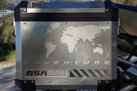BMW GSA Adventure Motorcycle Reflective Decal Kit World Adventure in Silver for Touratech Panniers