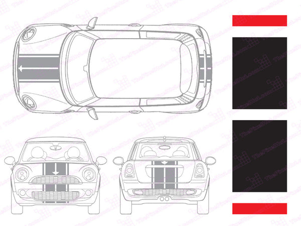 Mini Cooper Center Line Hood and Hatch Racing Stripe Kit - Four Stripe - Two Color